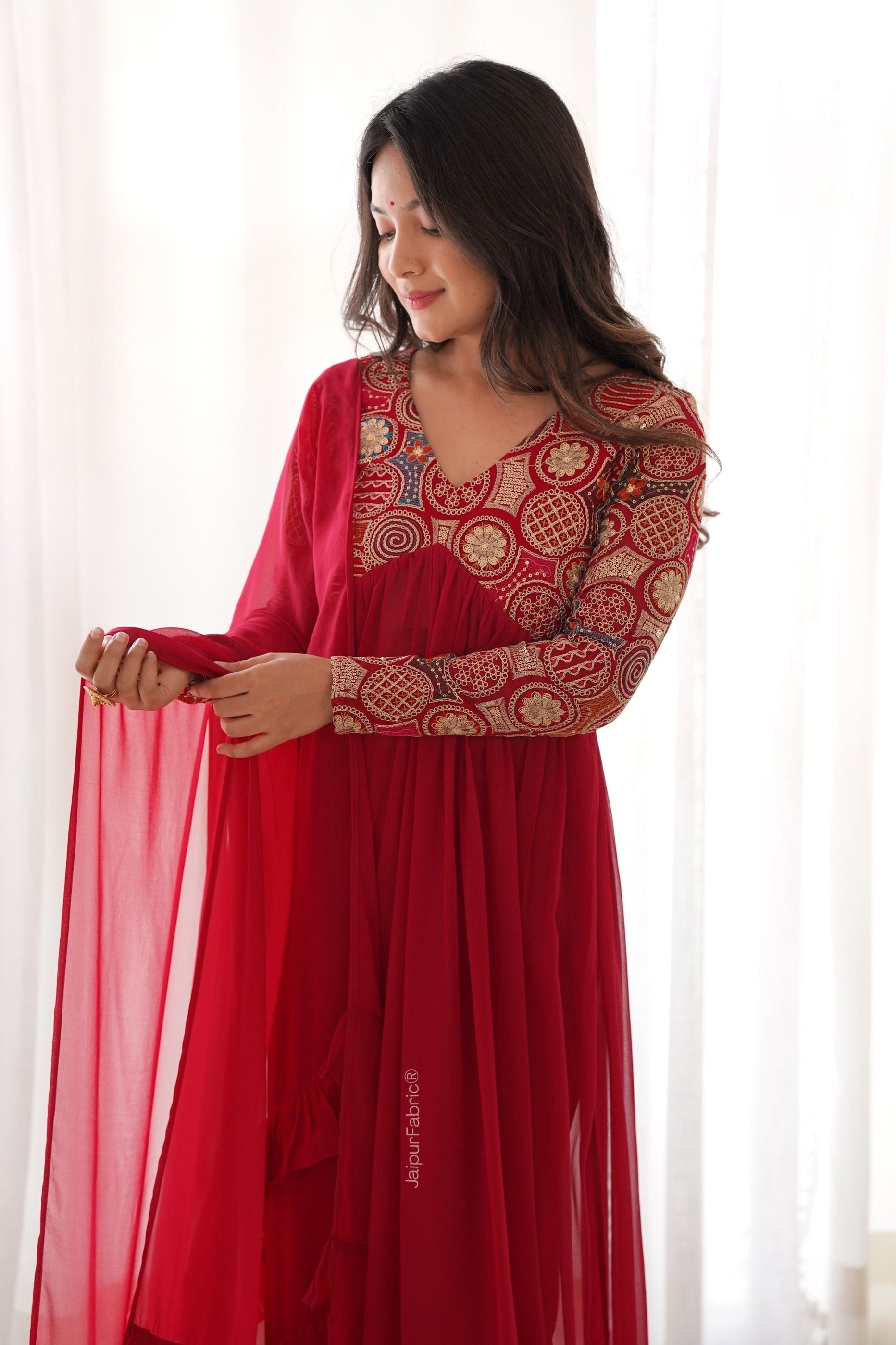 Red Embroidered Anarkali Suit Set