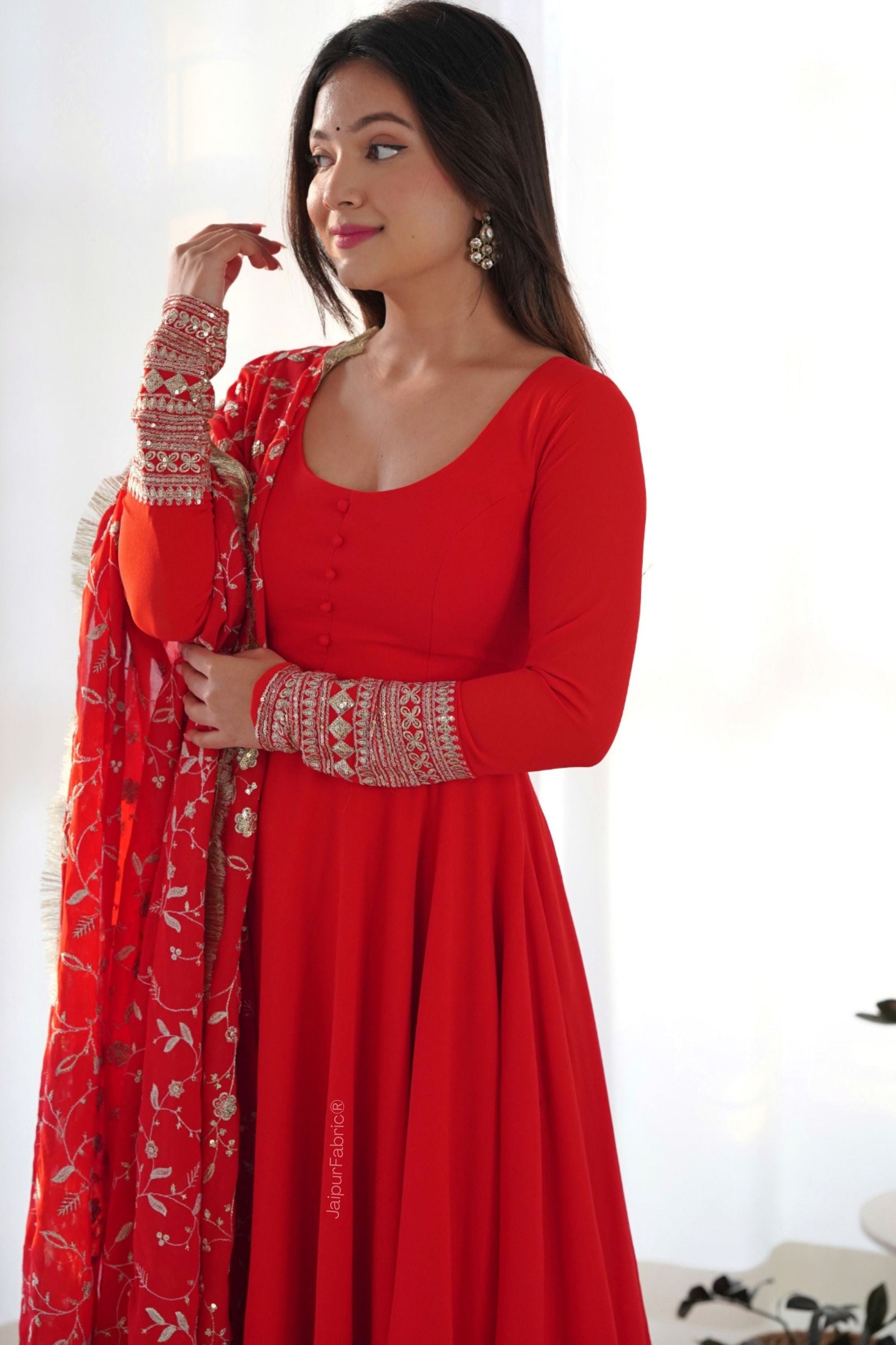 Red Readymade Anarkali Suit In Georgette