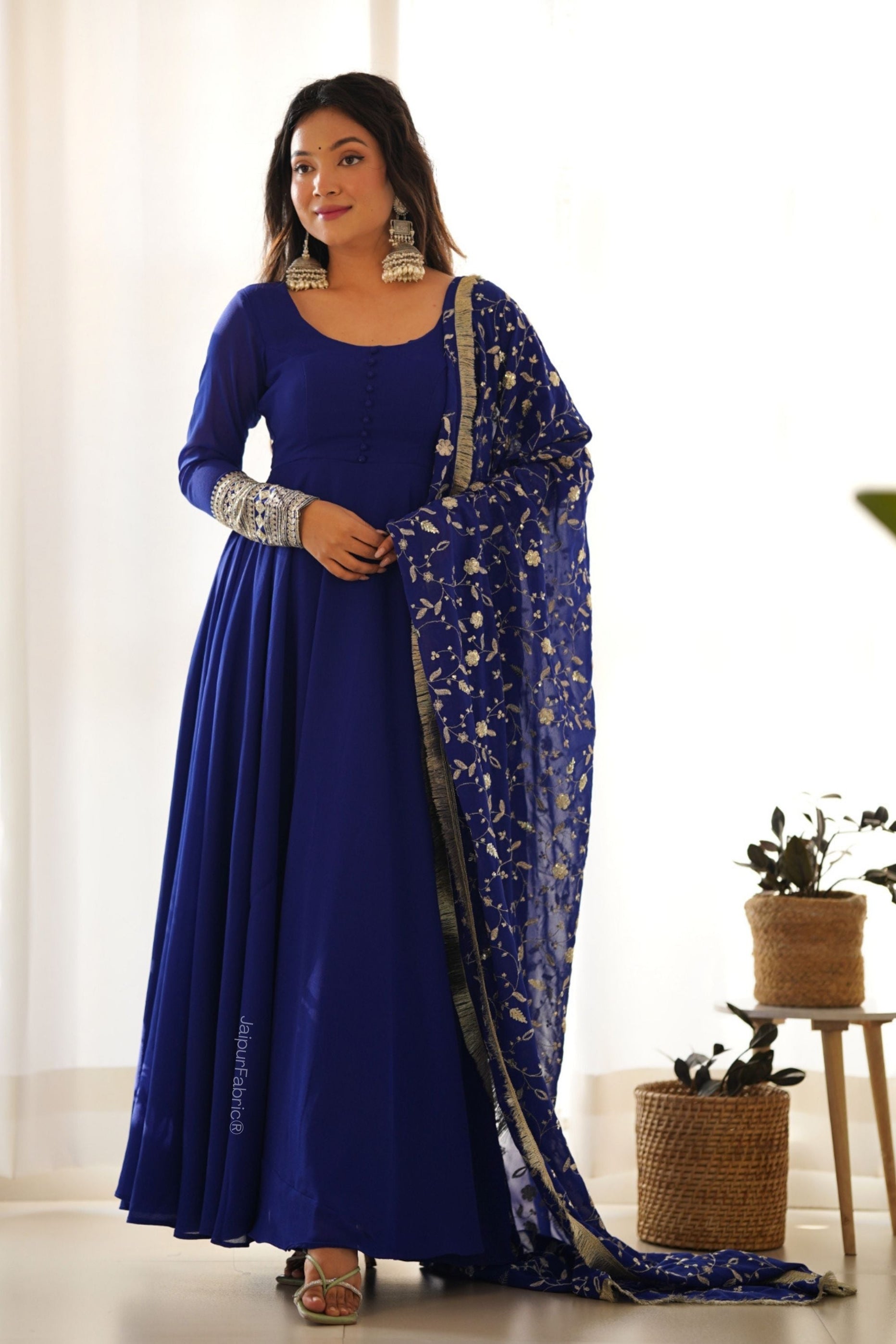 Embroidered Sleeve Georgette Abaya Style Suit in Royal Blue