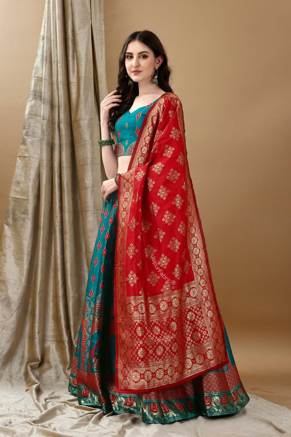 Woven Art Silk Jacquard Lehenga in Teal Blue