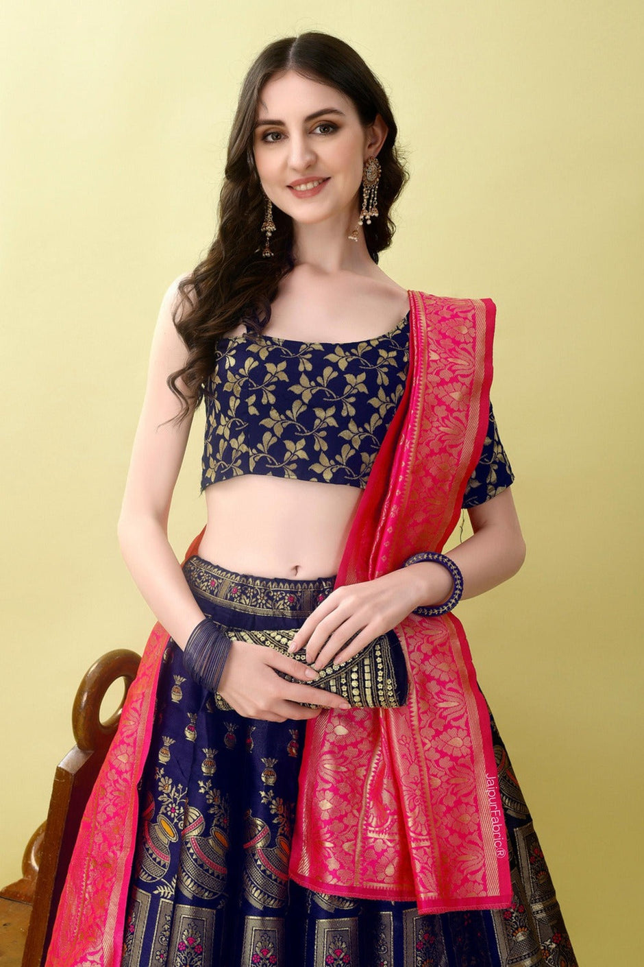 Woven Art Silk Jacquard Lehenga in Navy Blue