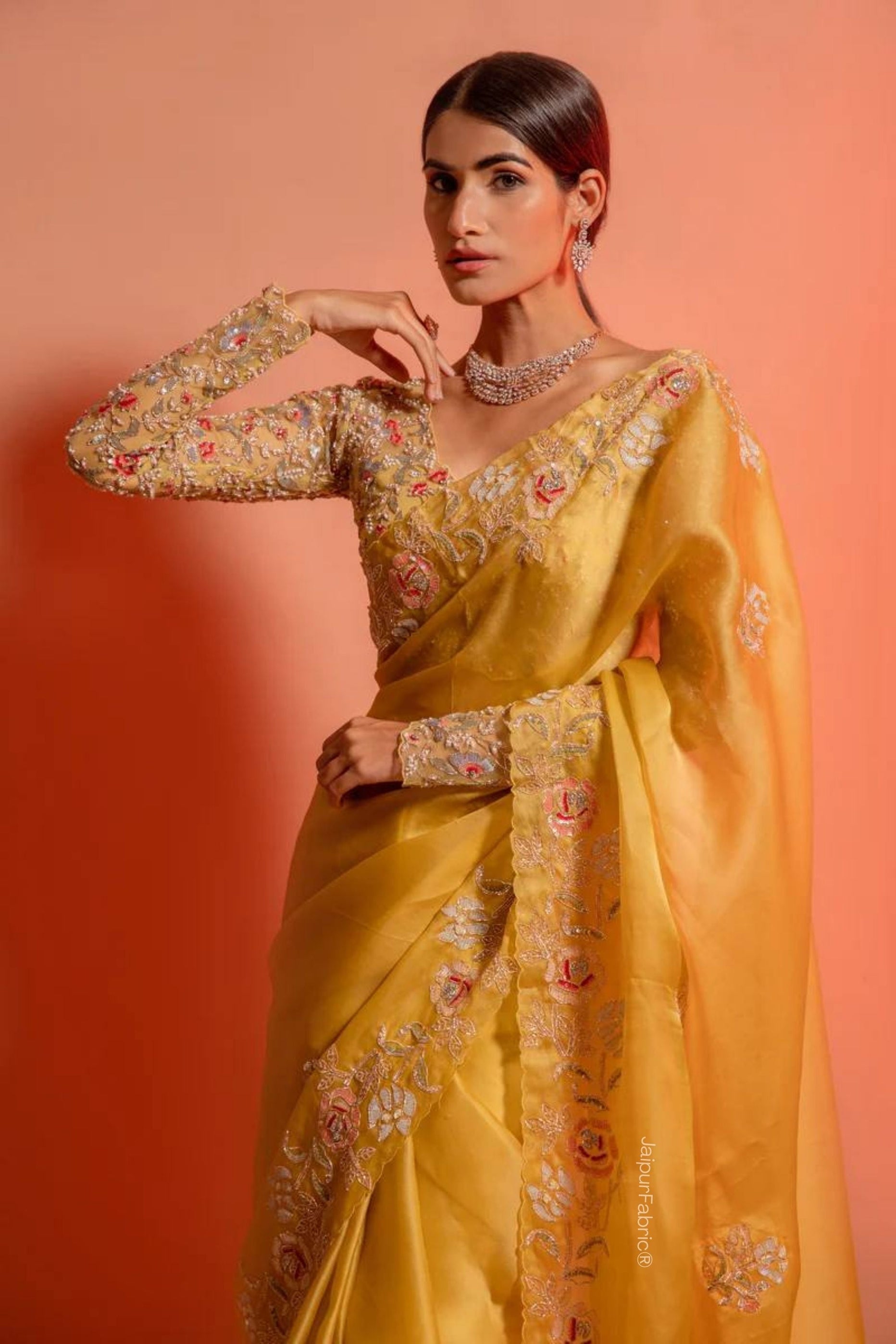 Embroidered Organza Saree in Yellow