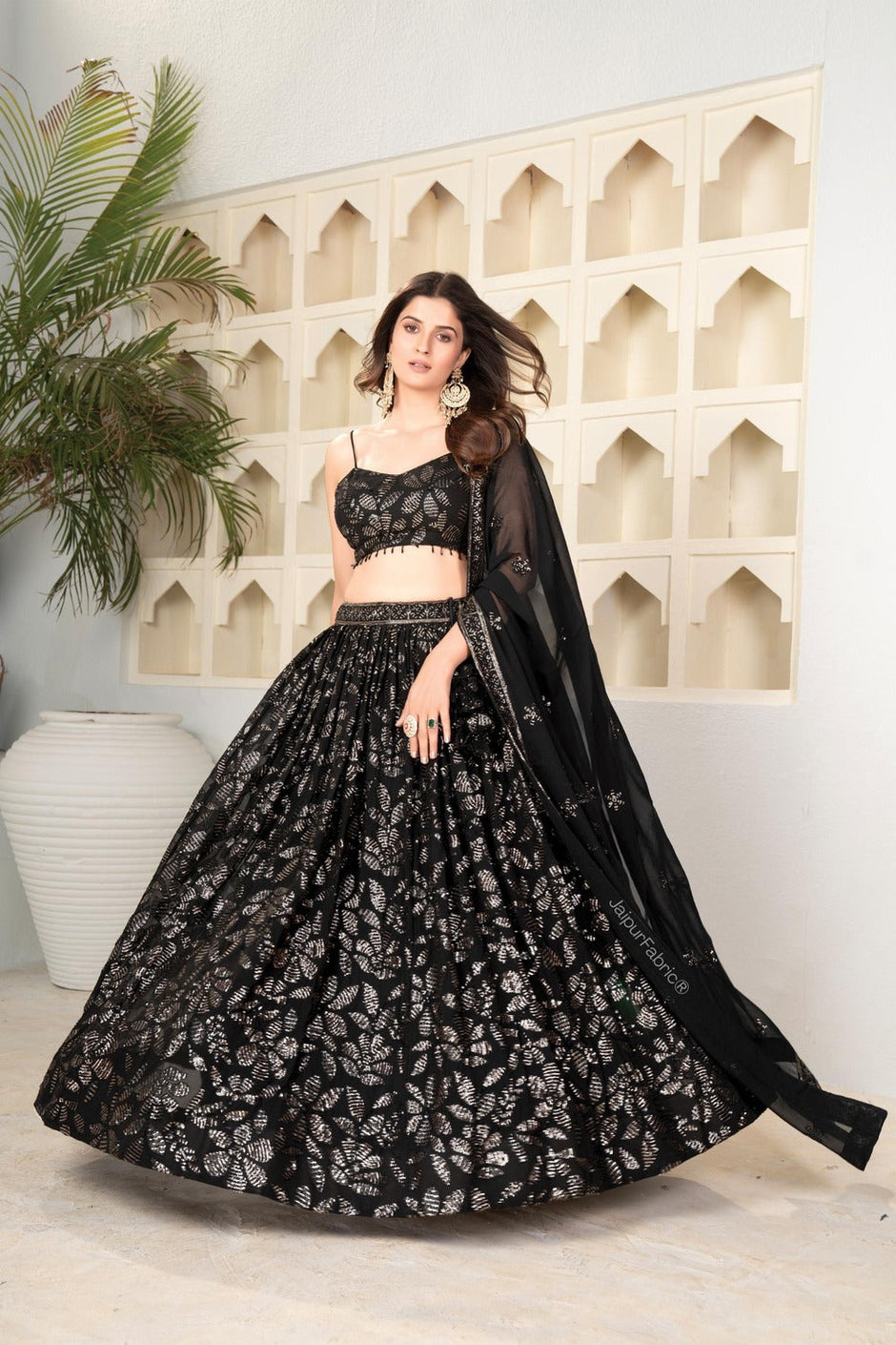 Black Sequin Embroidered Faux Blooming Lehenga Set