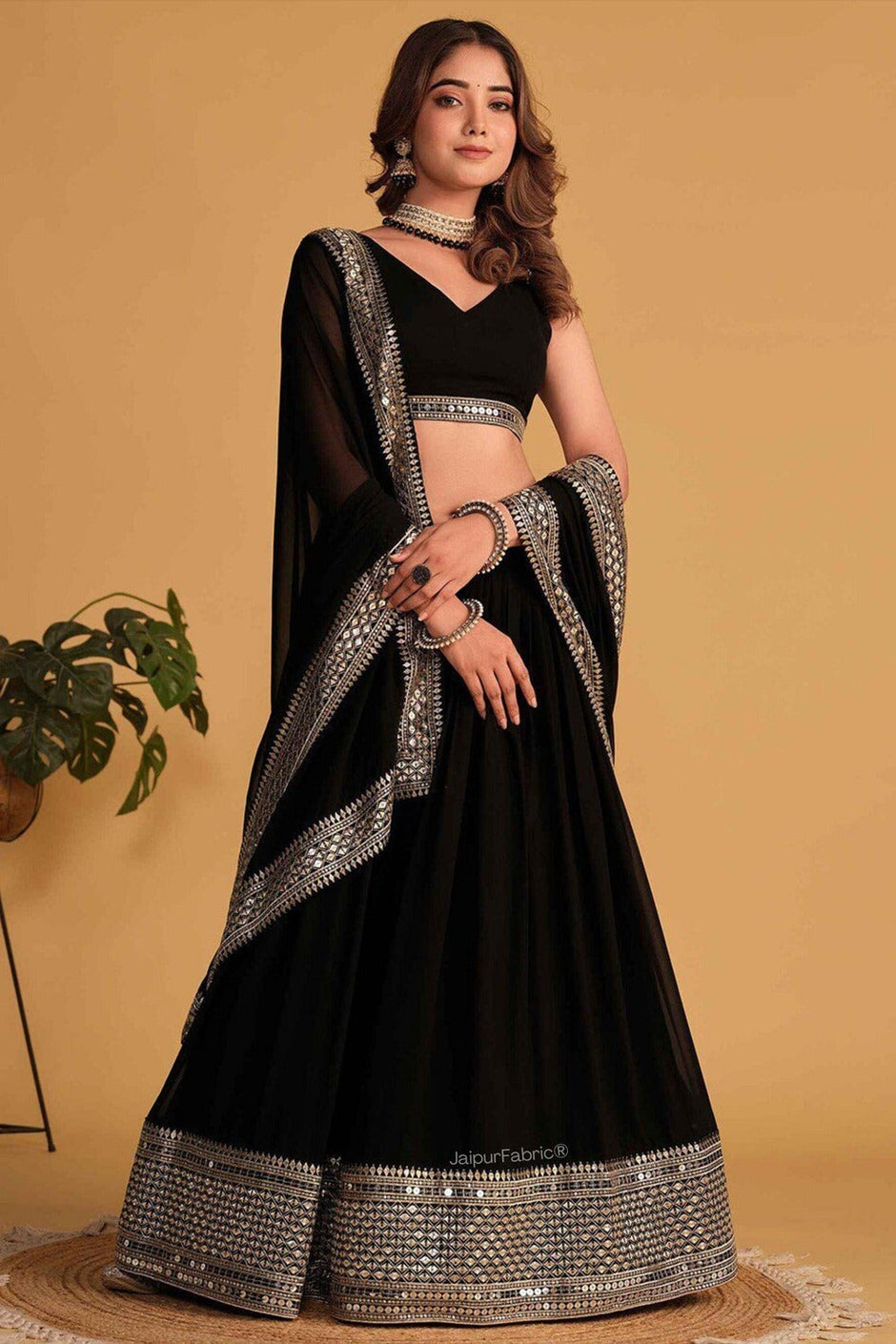 Embroidered Georgette Lehenga in Black