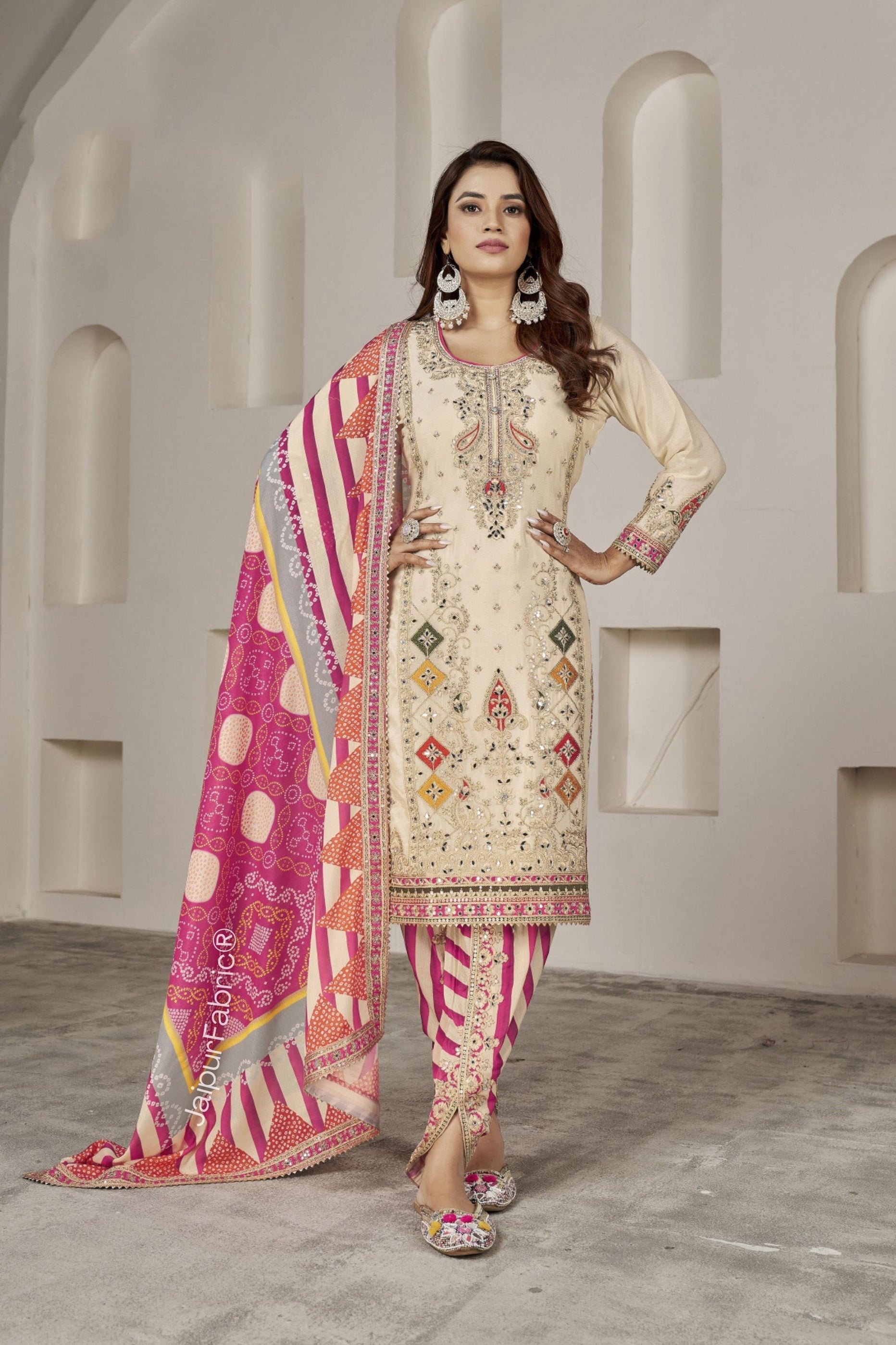 Embroidered Chinon Silk Wedding Wear Embroidery Work Readymade Dhoti Suit