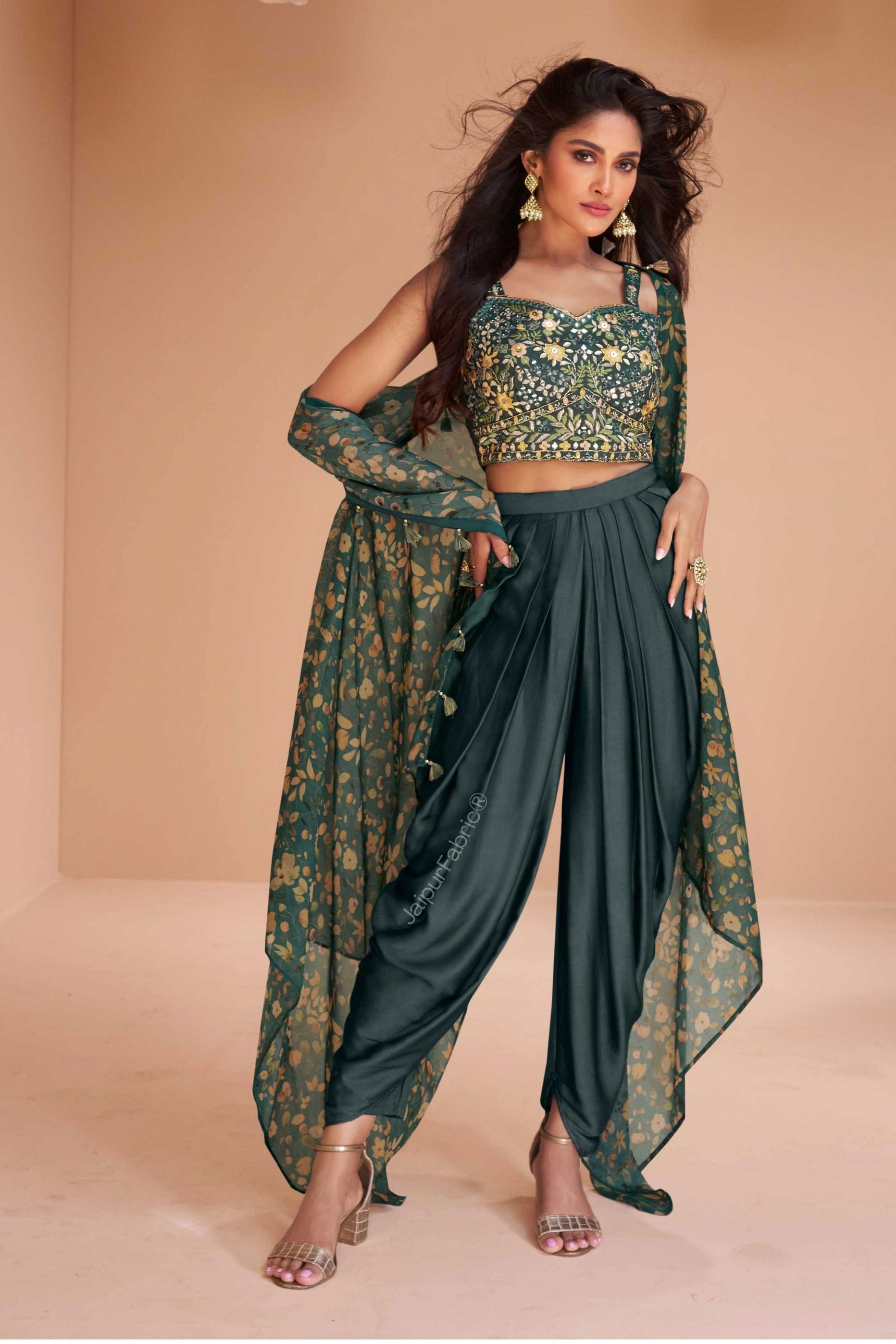 Teal Green Embroidered Satin Silk Kurta Set