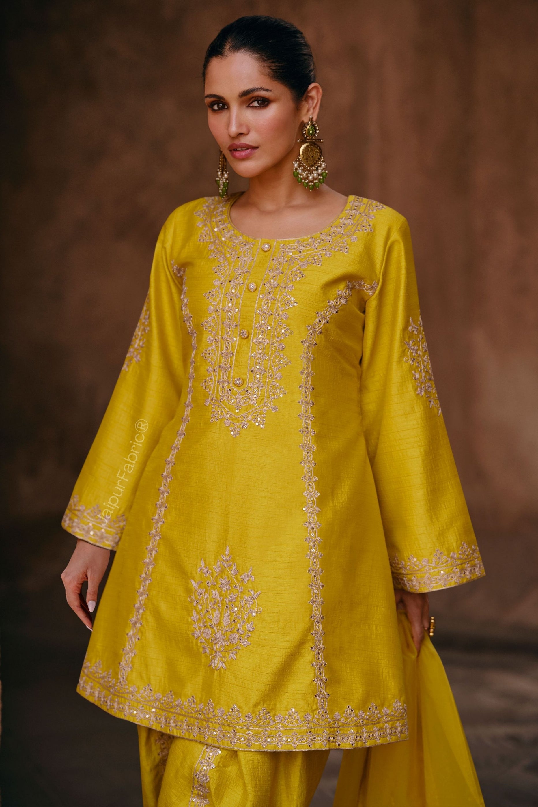 Indian Designer Fancy Wedding Party Wear Yellow Chinon Silk Sharara Pallazo Salwar Suit