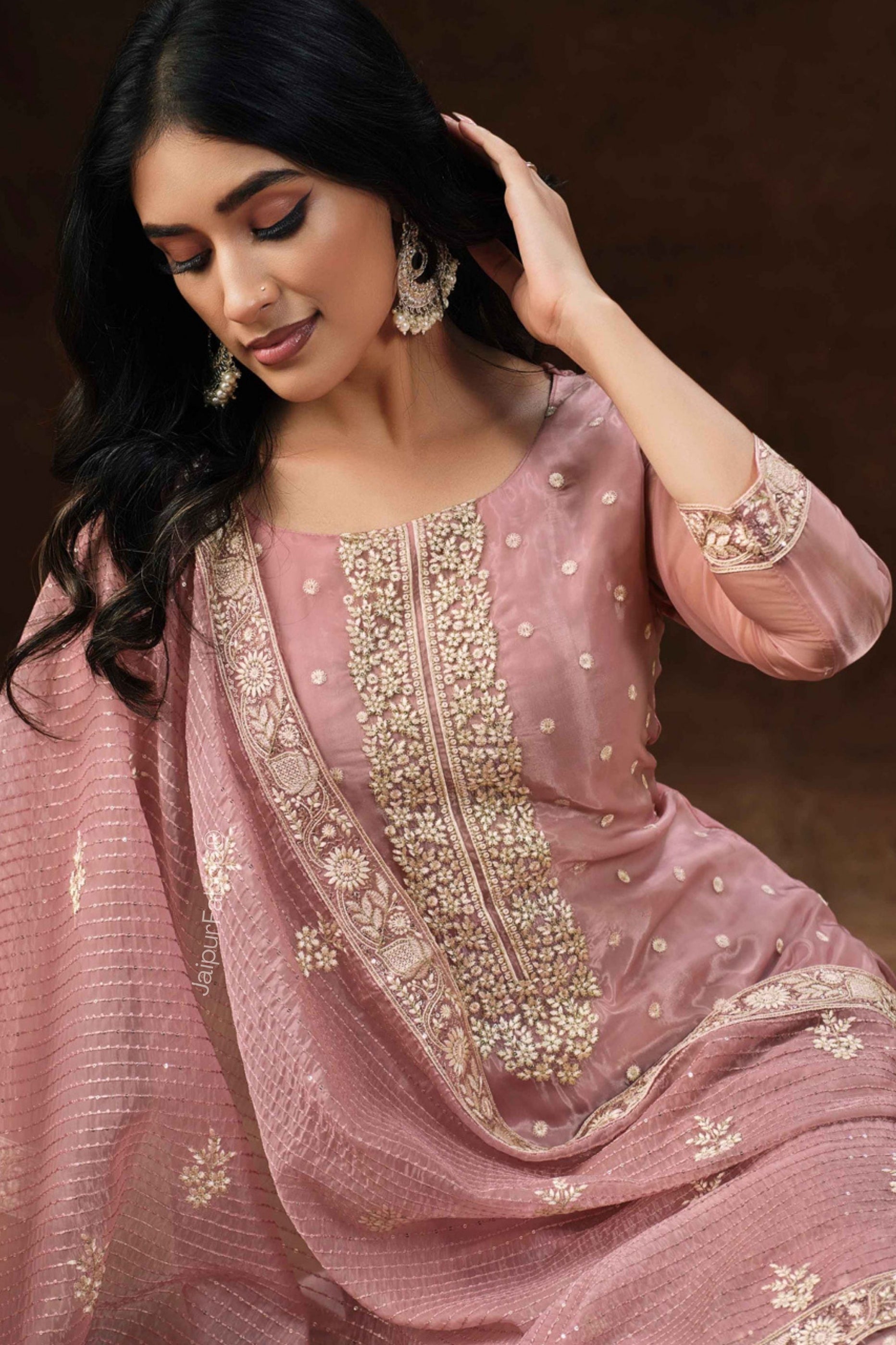 Embroidered Organza Silk Festive Pink Salwar Kameez