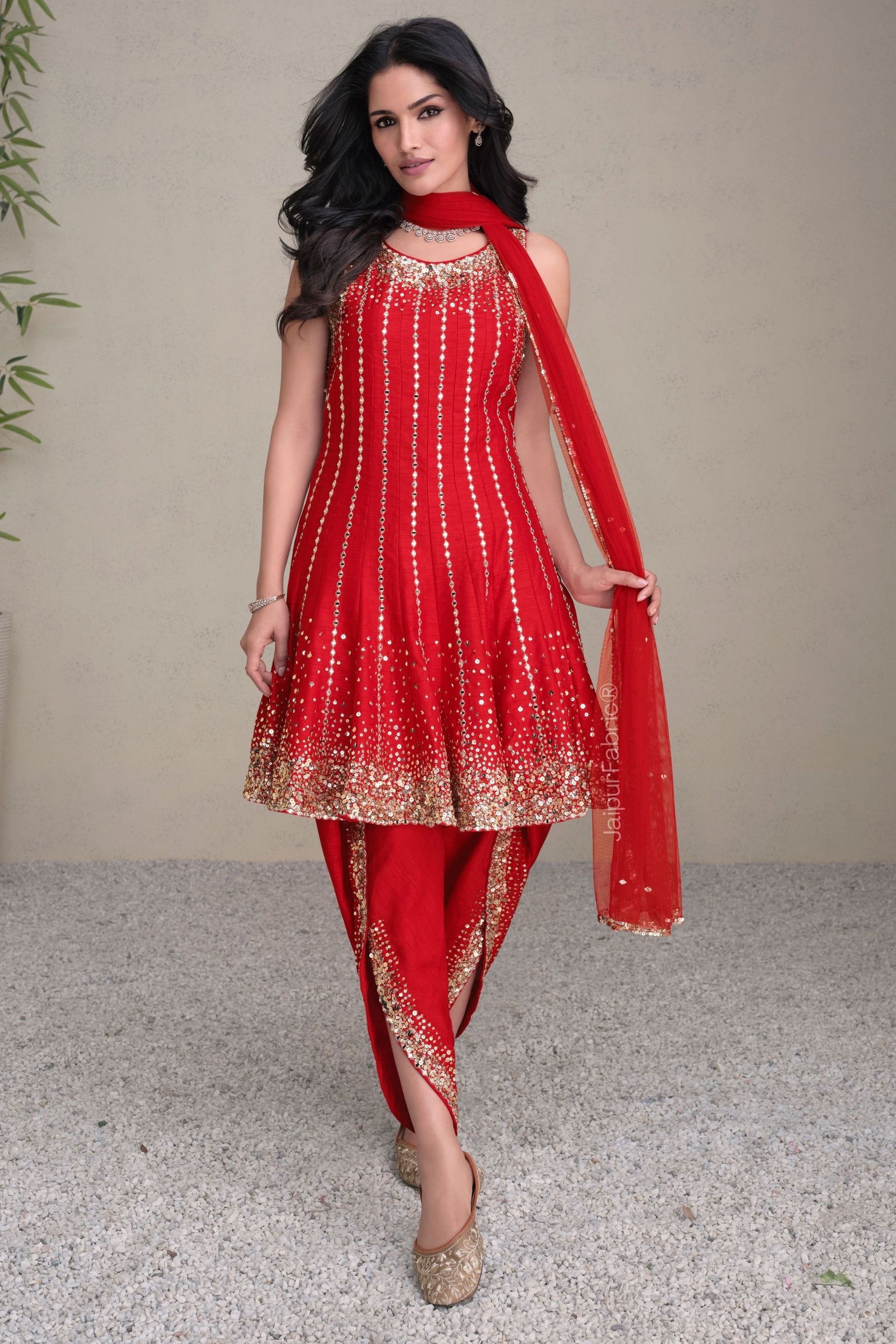 Red Premium Silk Anarkali Suit With Golden Embroidery