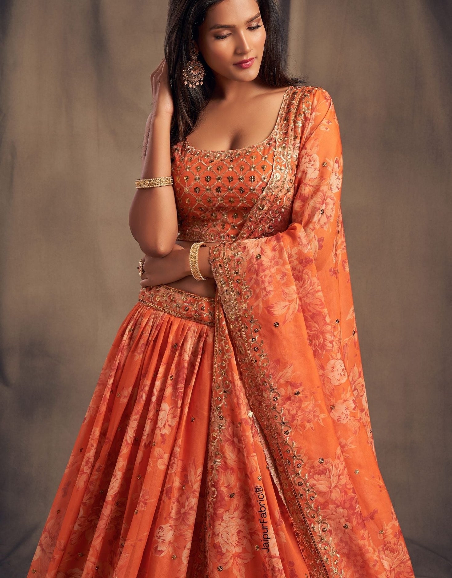 Graceful Blossom Printed Orange Organza Lehenga Choli