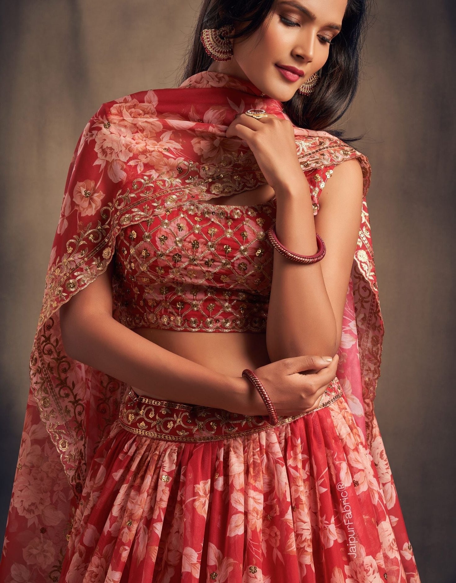 Elegant Floral Printed Red Organza Lehenga Choli