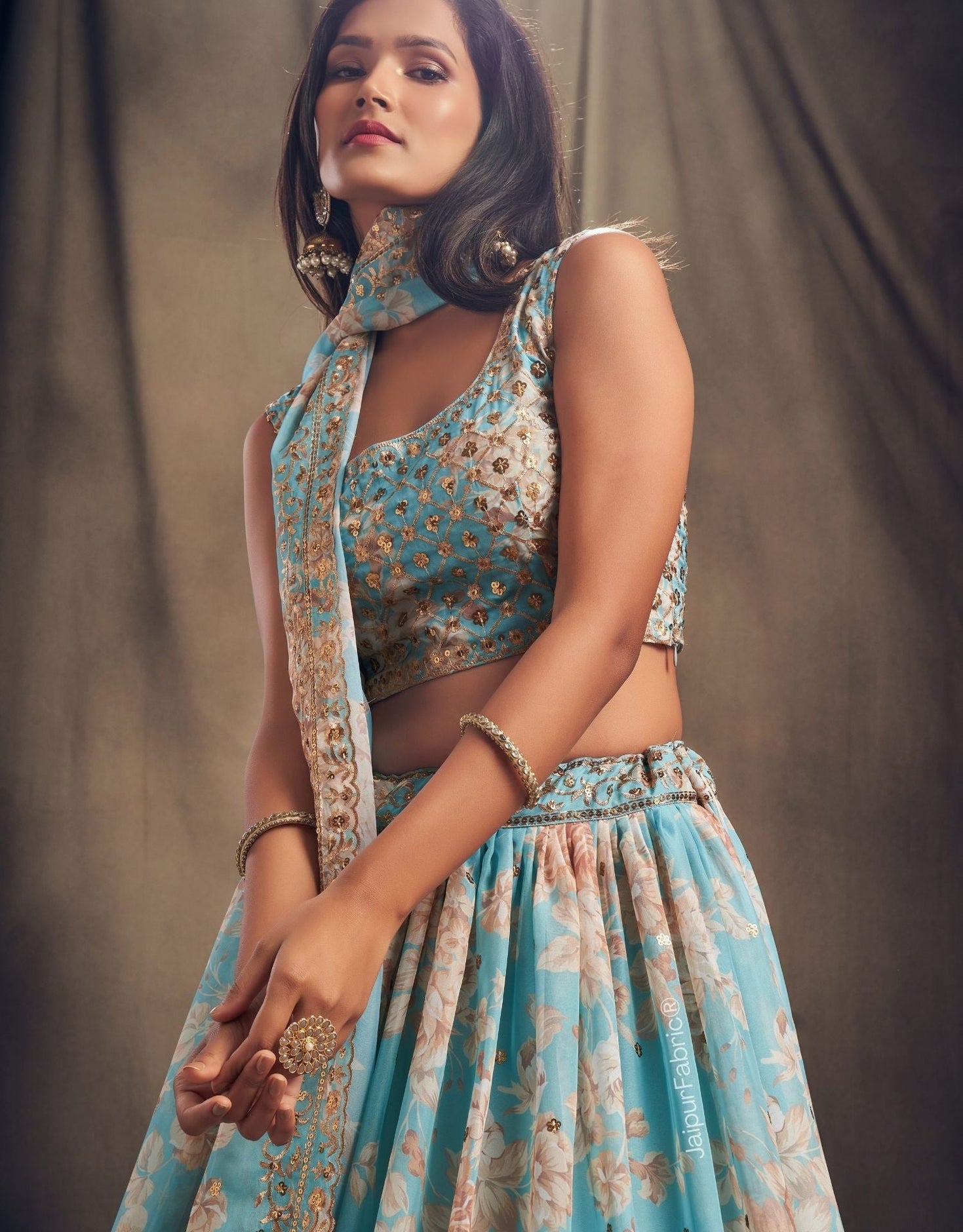 Timeless Floral Printed Sky Blue Organza Lehenga Choli