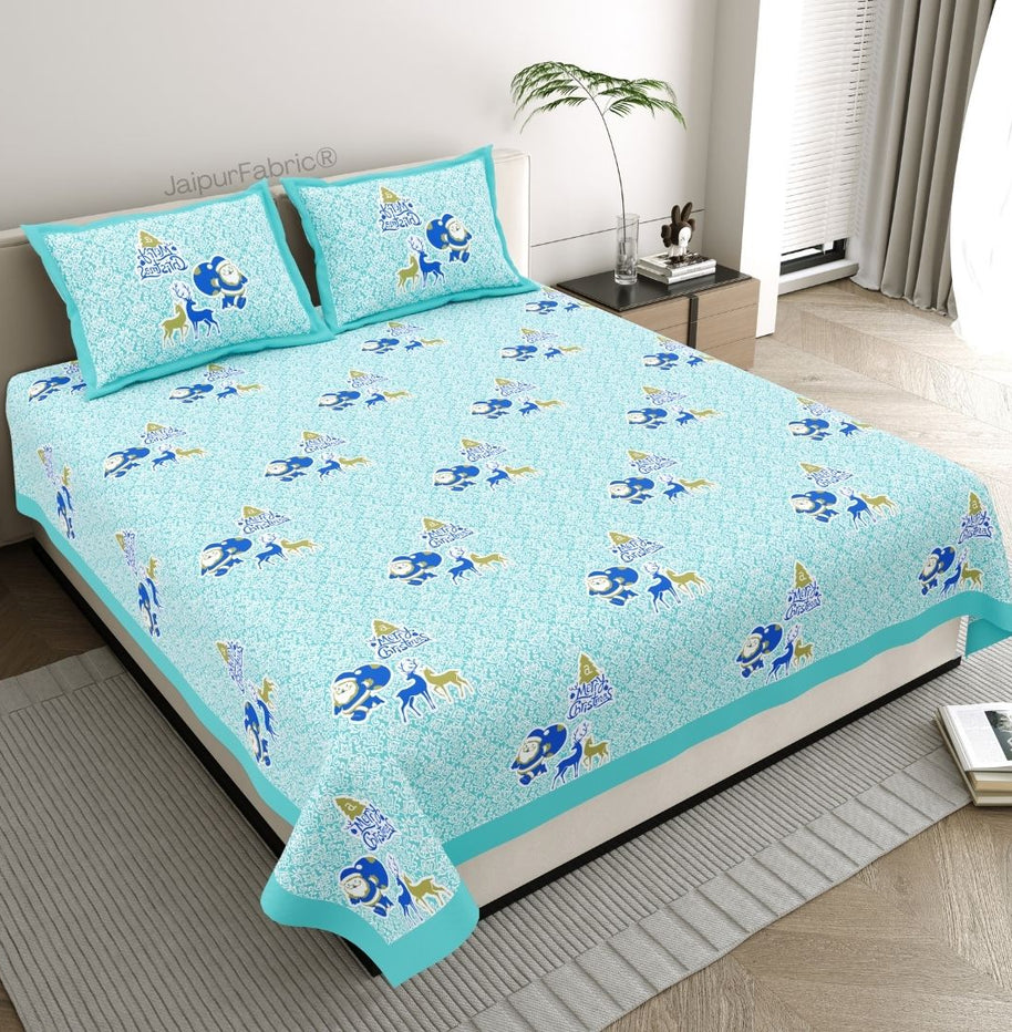 Sky Blue Magical Ride Santa and Reindeer Blue Cotton King Size Bedsheet