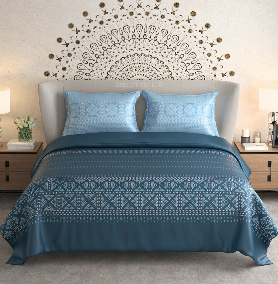 Rich Sapphire Blue Percale Cotton King Size Bed Sheet with Intricate Geometric Patterns