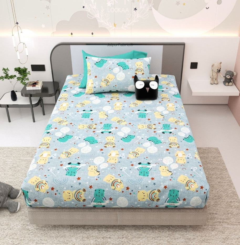 Cuteness Overloaded Blue Soft Cotton Kids Bed Sheet