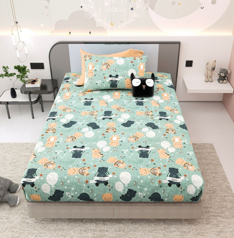 Cuteness Overloaded Green Soft Cotton Kids Bed Sheet