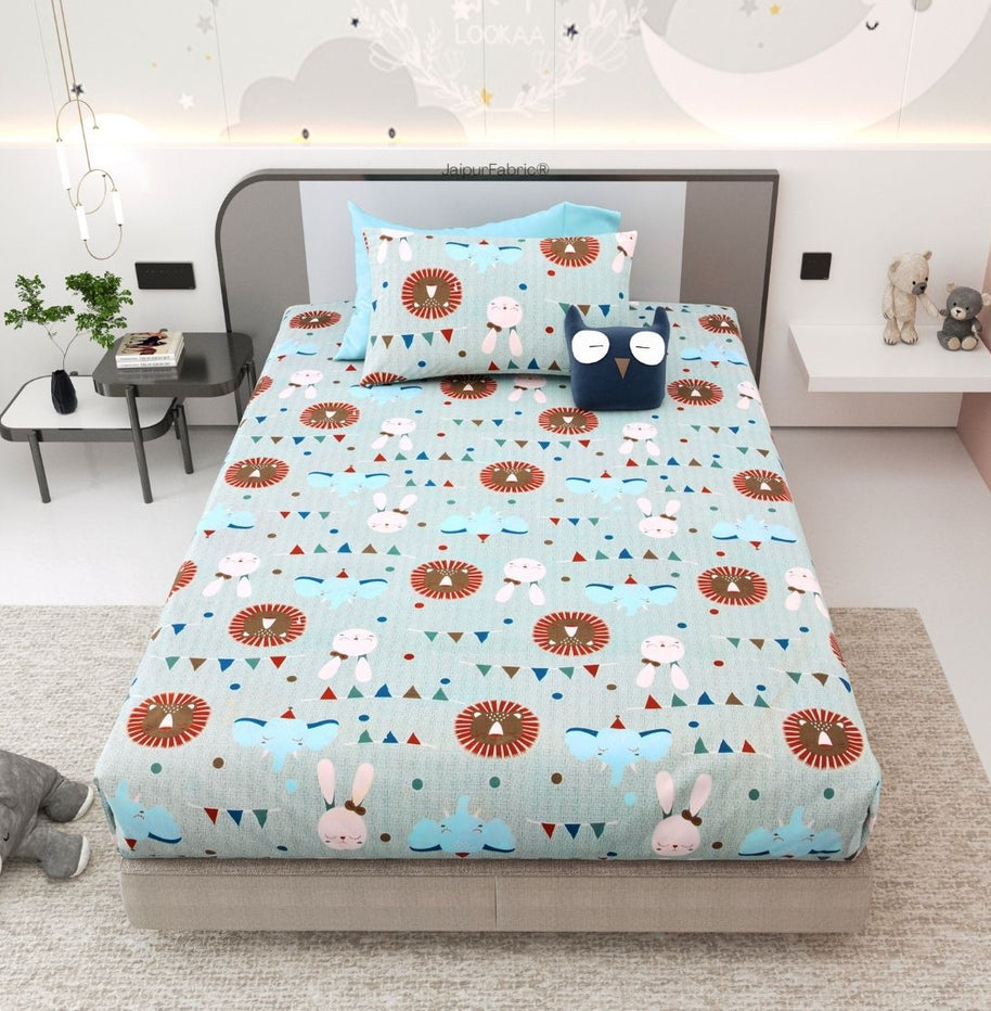 Animal Carnival Pastel Blue Soft Cotton Kids Bed Sheet