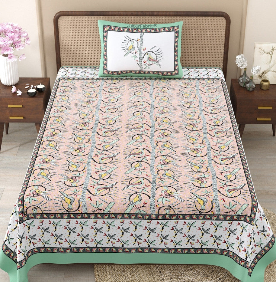 Perky Parrots Peach Pure Cotton Single Bedsheet