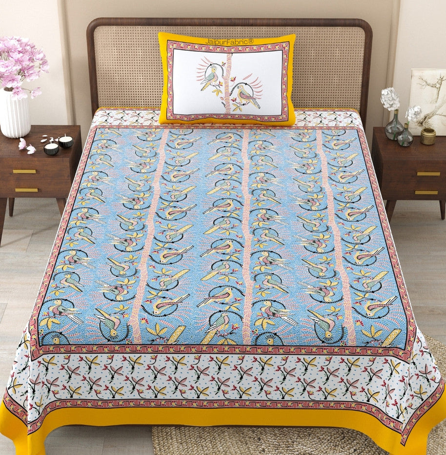 Perky Parrots Blue Pure Cotton Single Bedsheet