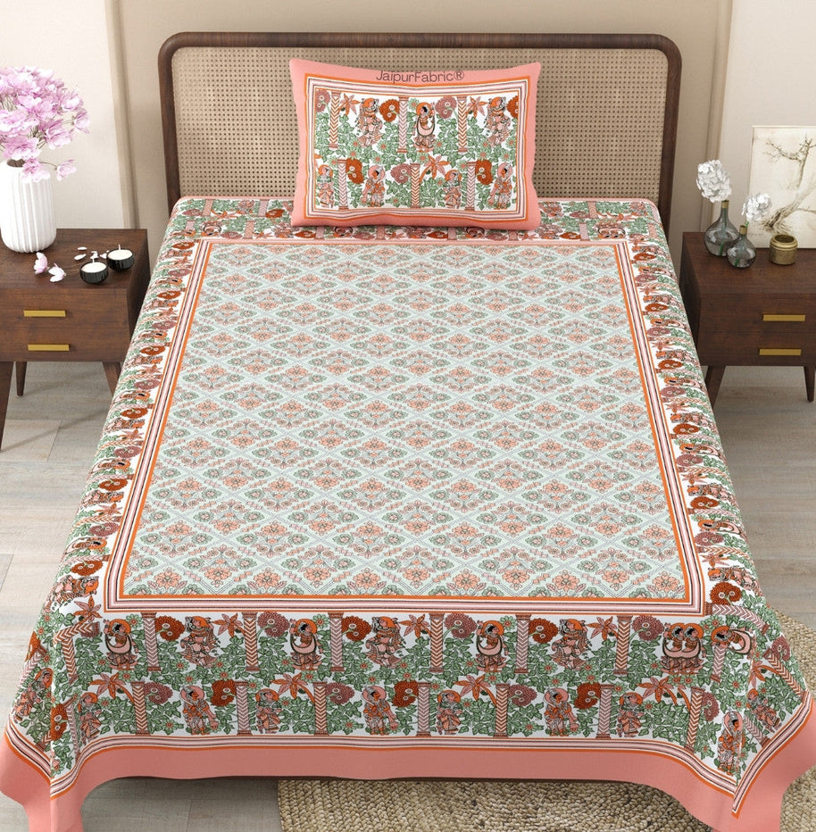 Pattachitra collection Peach and Green Double Bedsheet