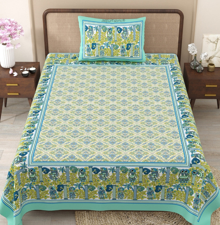 Pattachitra collection Seafoam Green and Yellow Double Bedsheet