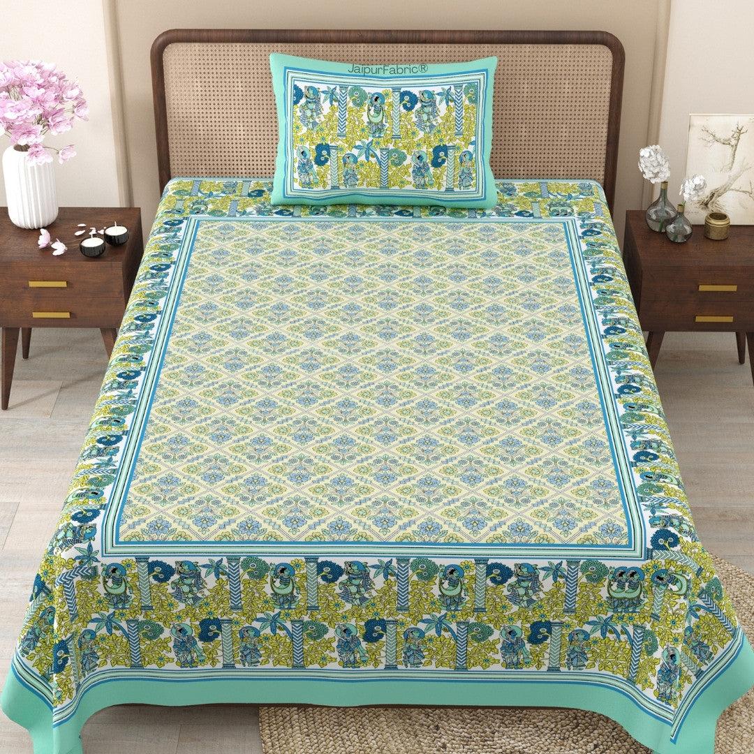 Pattachitra collection Seafoam Green and Yellow Double Bedsheet