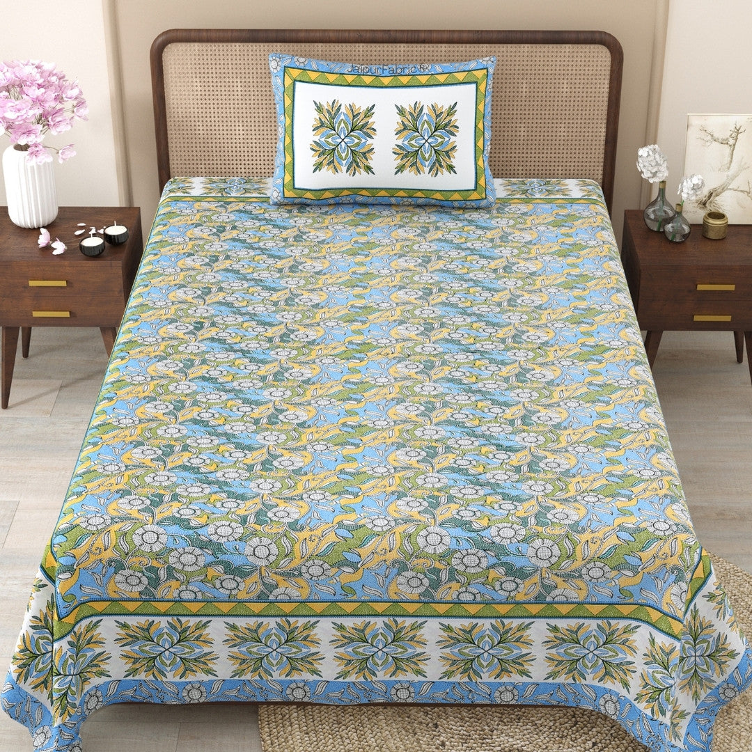 Delightful Dales Blue Pure Cotton Single Bedsheet