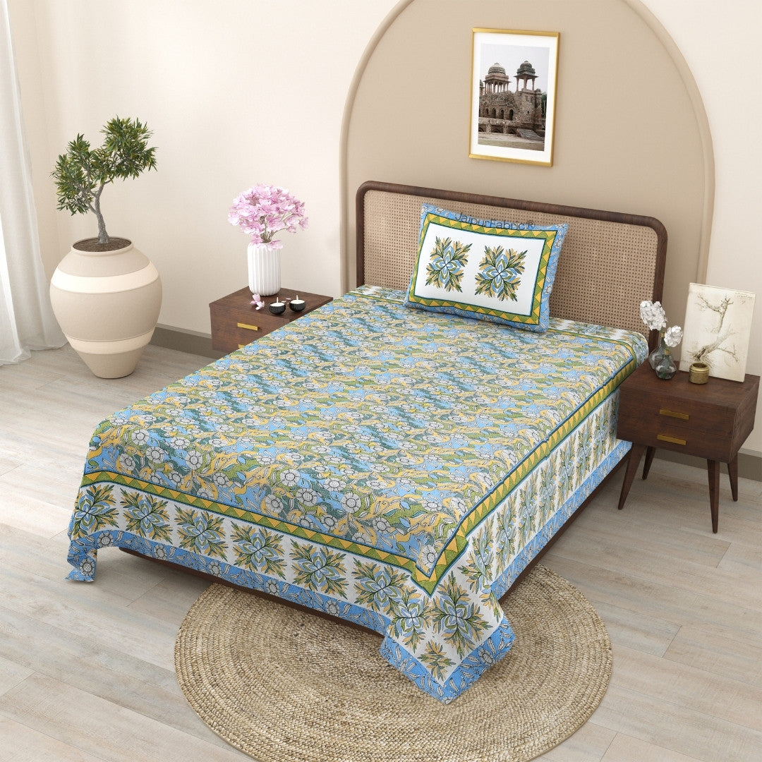 Delightful Dales Blue Pure Cotton Single Bedsheet