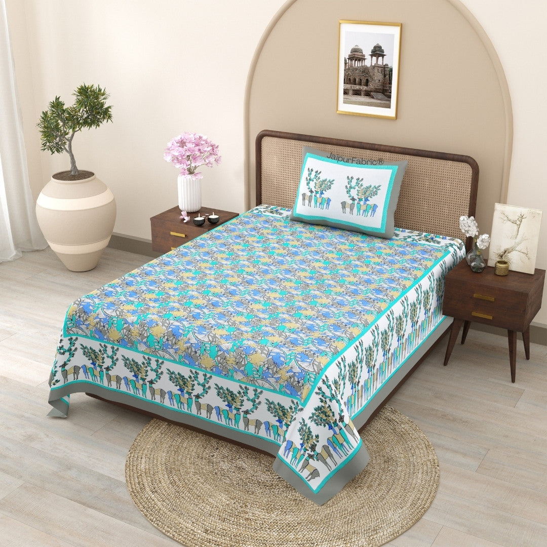 Deer Forest Green Pure Cotton Single Bedsheet