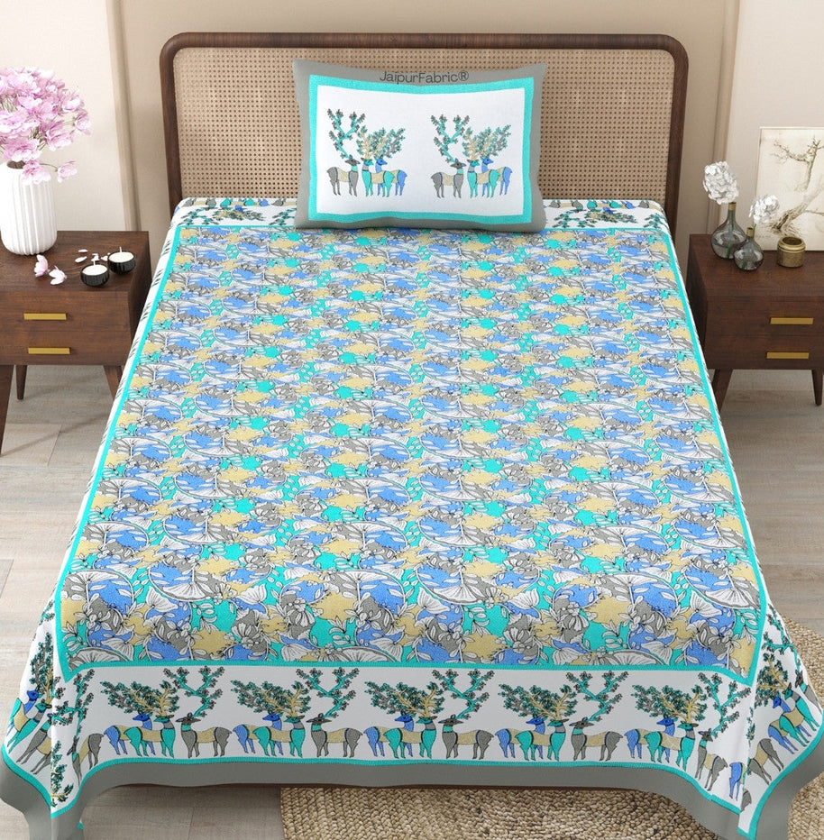 Deer Forest Green Pure Cotton Single Bedsheet