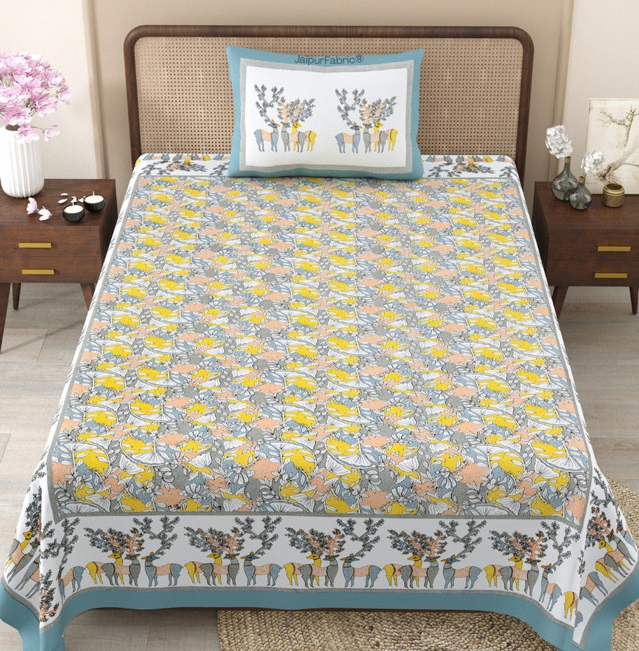 Deer Forest Yellow Pure Cotton Single Bedsheet