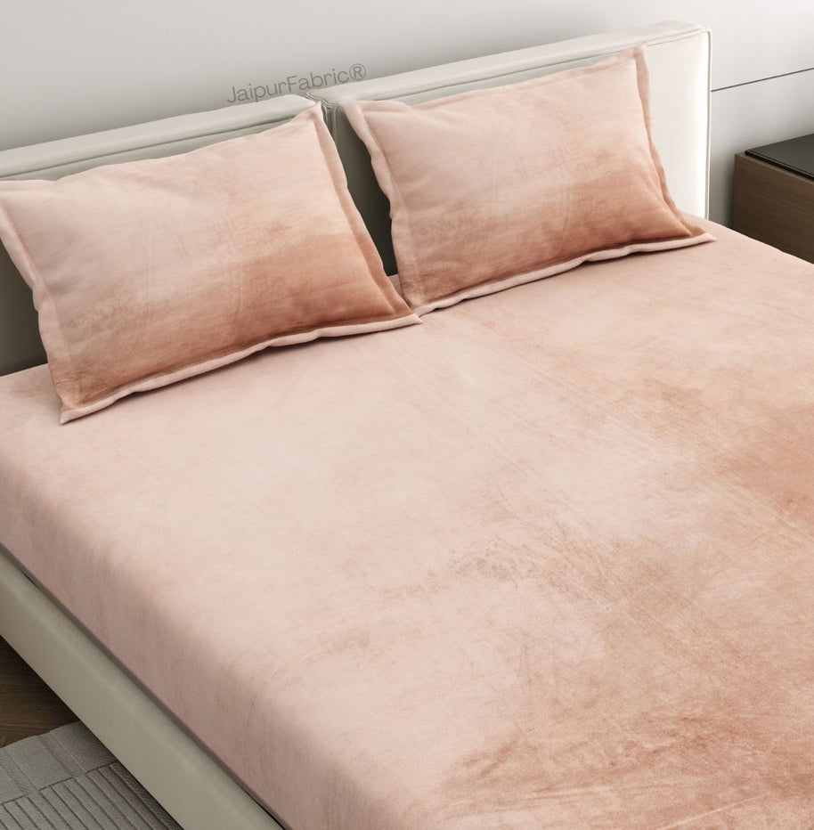 Elegant Blush Pink Soft Velvet Finish Double Bedsheet with Matching Pillow Covers