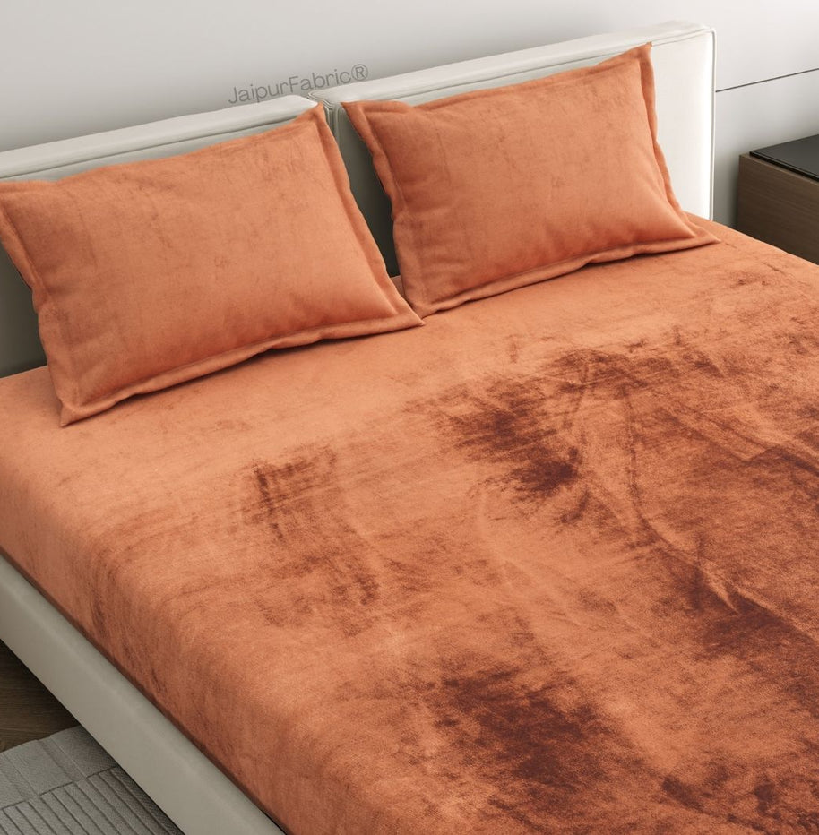 Rich Rust Soft Velvet Finish Double Bedsheet with Matching Pillow Covers