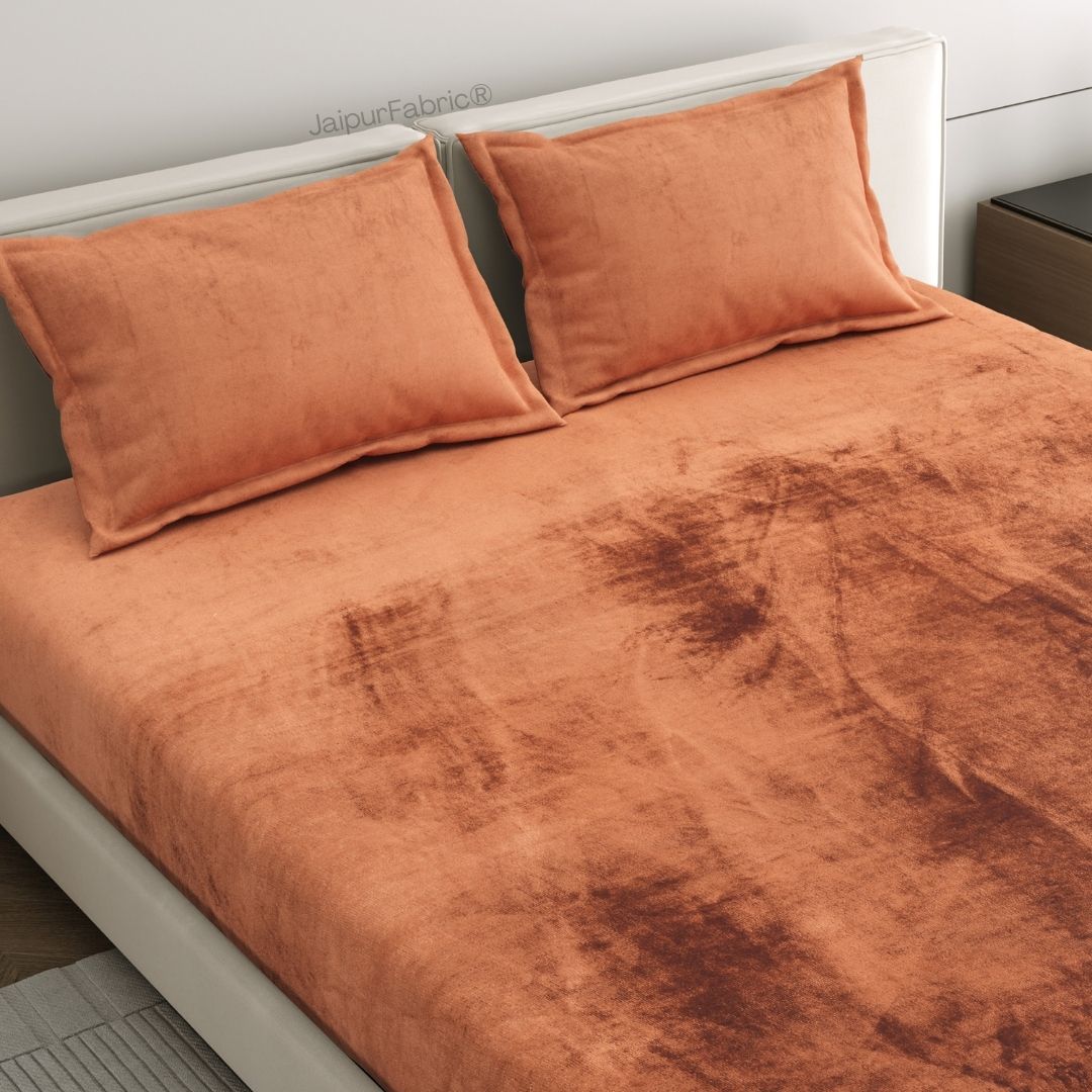 Rich Rust Soft Velvet Finish Double Bedsheet with Matching Pillow Covers