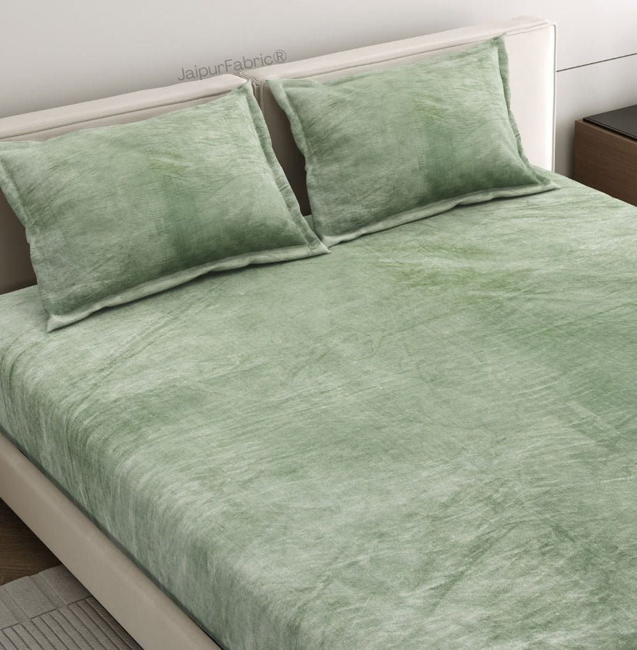 Serene Sage Green Soft Velvet Finish Double Bedsheet with Matching Pillow Covers