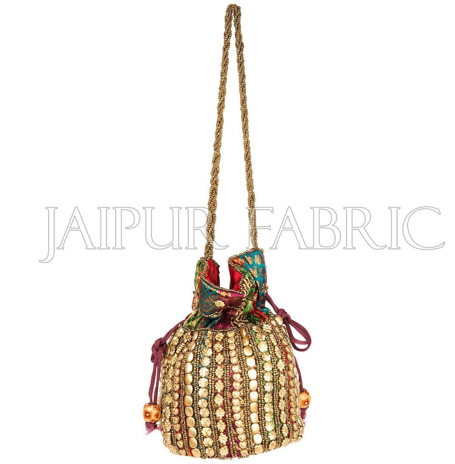 Golden Pattern Beadwork With Zari Embroidered Border Potli