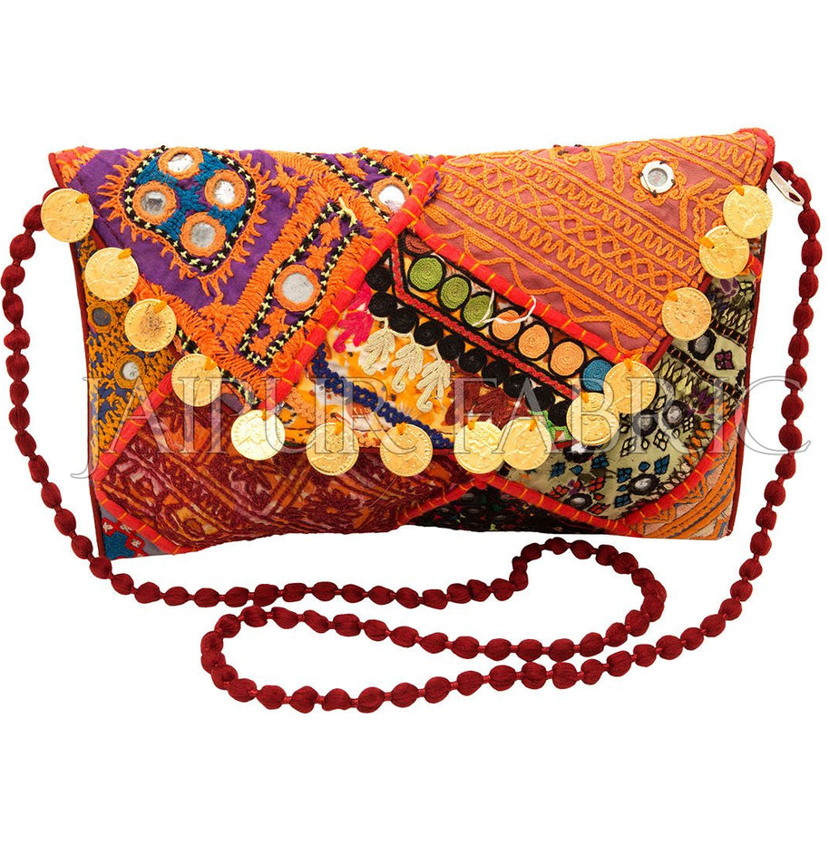 Hand Embroidered Patchwork With Golden Coins Clutch