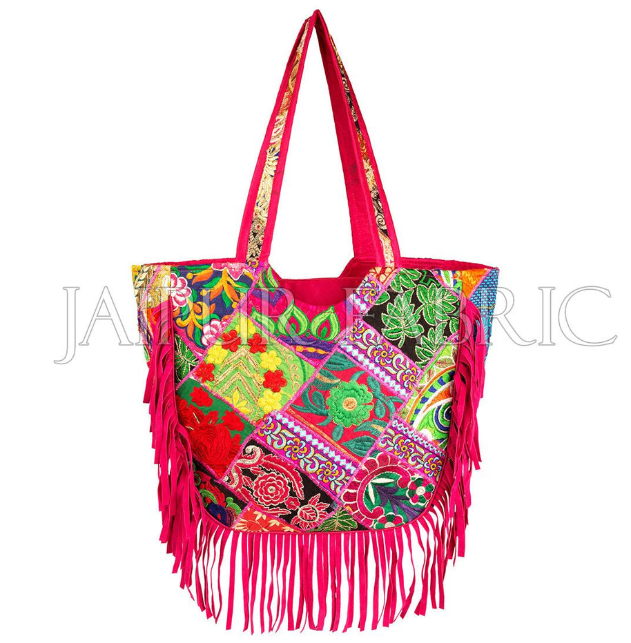 Pink Zari Embroidered With Velvet Fringes Hand Bag