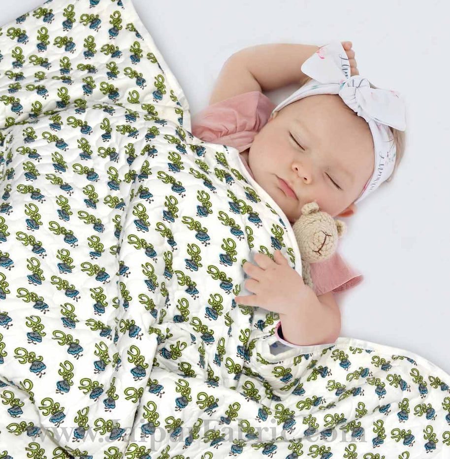 Baby Blanket Newborn Green & Grey Soft Crib Comforter and Toddler Swaddling Blankets for Babies 120 x 120 cm Colourful White Base Baby Quilt