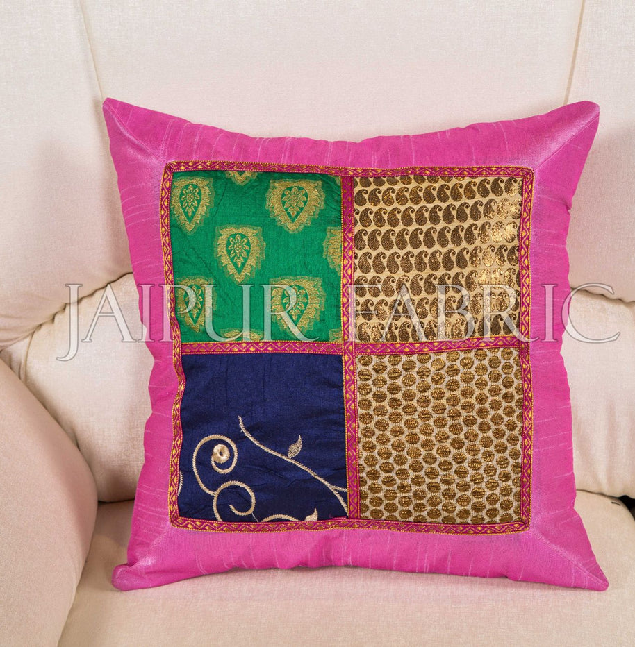 Multi Color Patch Work Gold Print with Pink Base Cushion Cover