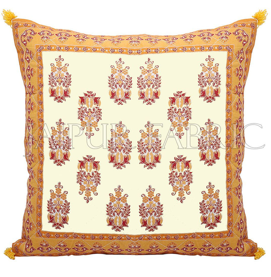 Cream Base with Yellow Border Rajasthani Kalash Design Cotton Cushion Cover