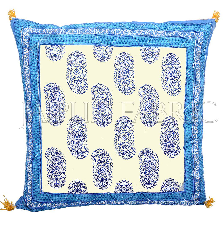 Blue Border Keri Block Print Cotton Cushion Cover