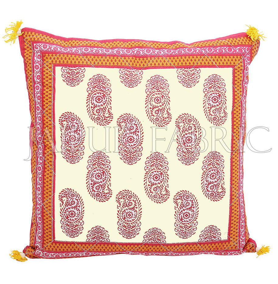 Orange Border Keri Block Print Cotton Cushion Cover