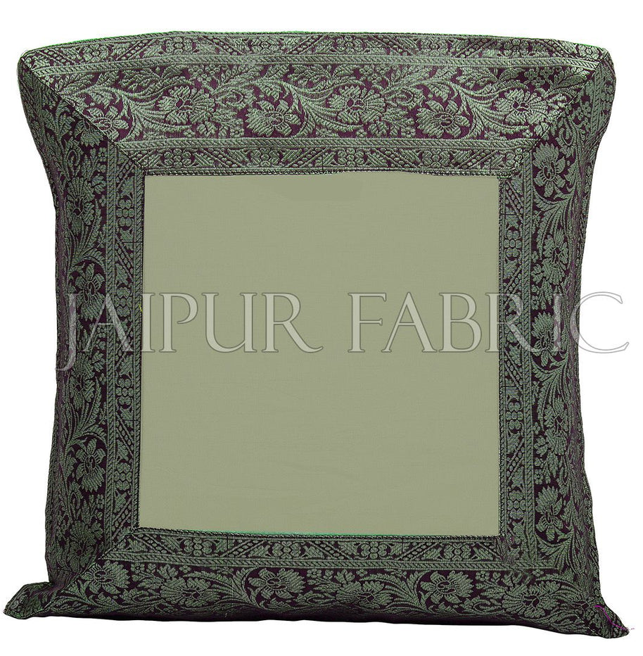 Green Base with Black Gota Work Border Cotton Satin Silk Cushion Cover