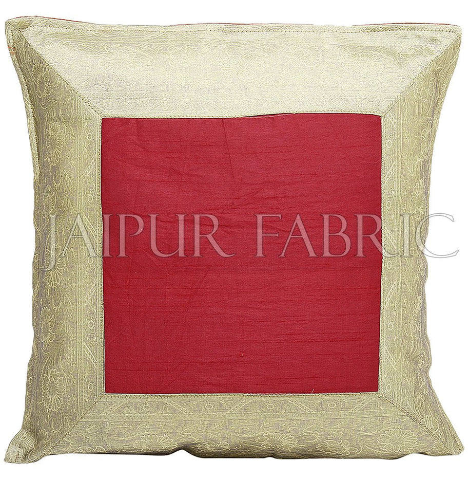 Red Base with Golden Gota Work Border Cotton Satin Silk Cushion Cover