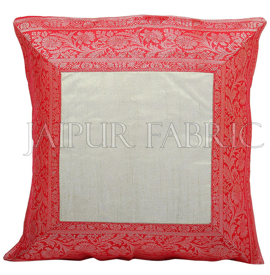 Green Base with Red Gota Work Border Cotton Satin Silk Cushion Cover