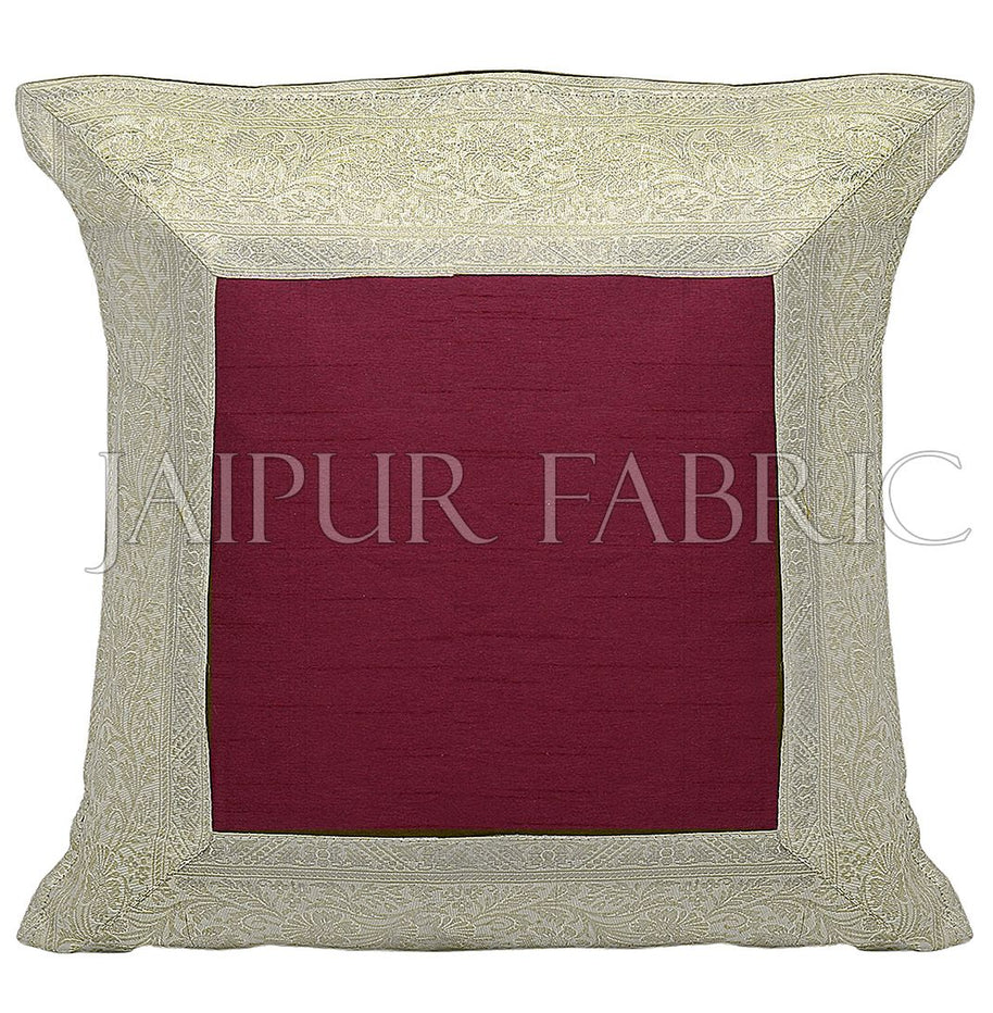 Maroon Base with White Gota Work Border Cotton Satin Silk Cushion Cover