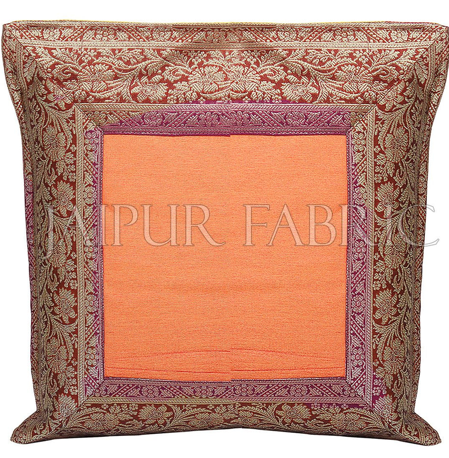 Orange Base with Maroon Gota Work Border Cotton Satin Silk Cushion Cover