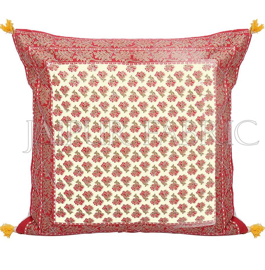 Red Flower Print with Tropical Border Golden Print Cotton Cushion Cover