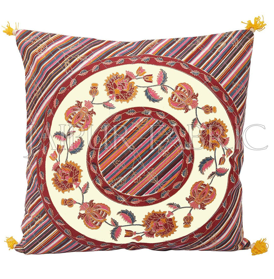 Cream Base Multi Color Jaipur Golden Print Lehriya Design Cotton Cushion Cover